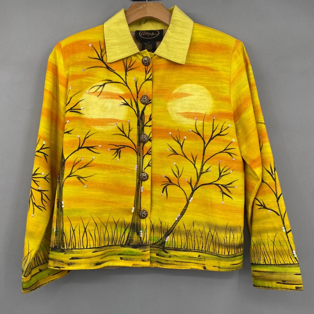 Alex Kim Sunset Landscape Jacket Womens Small Yellow Sequin Wearable Art Button